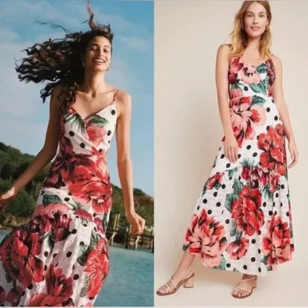 FARM Rio White Maxi Dress with Red Floral and Black Polka Dots